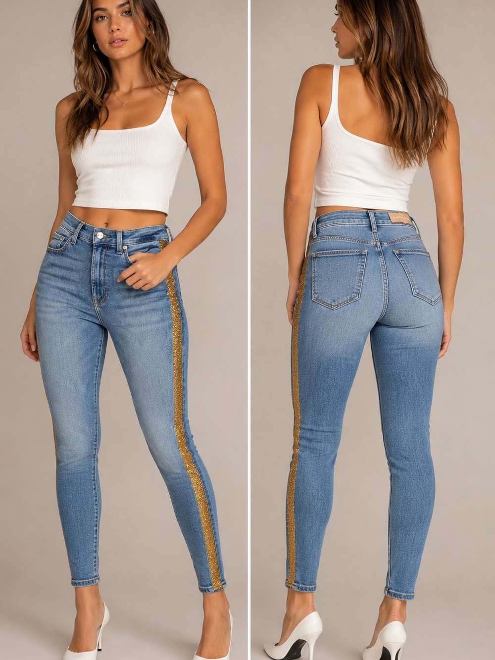 7 For All Mankind Light Blue Skinny Jeans with Gold Side Stripe